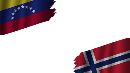 Norway and Venezuela Flags Together, Wavy Fabric Texture Effect, Obsolete Torn Weathered, Crisis Concept, 3D Illustration