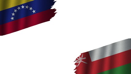 Oman and Venezuela Flags Together, Wavy Fabric Texture Effect, Obsolete Torn Weathered, Crisis Concept, 3D Illustration