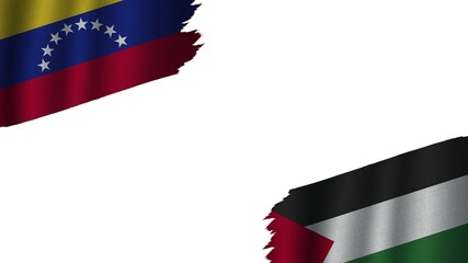 Palestine and Venezuela Flags Together, Wavy Fabric Texture Effect, Obsolete Torn Weathered, Crisis Concept, 3D Illustration