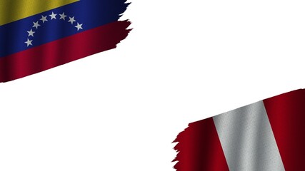 Peru and Venezuela Flags Together, Wavy Fabric Texture Effect, Obsolete Torn Weathered, Crisis Concept, 3D Illustration