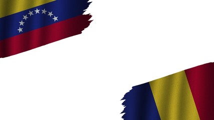 Romania and Venezuela Flags Together, Wavy Fabric Texture Effect, Obsolete Torn Weathered, Crisis Concept, 3D Illustration