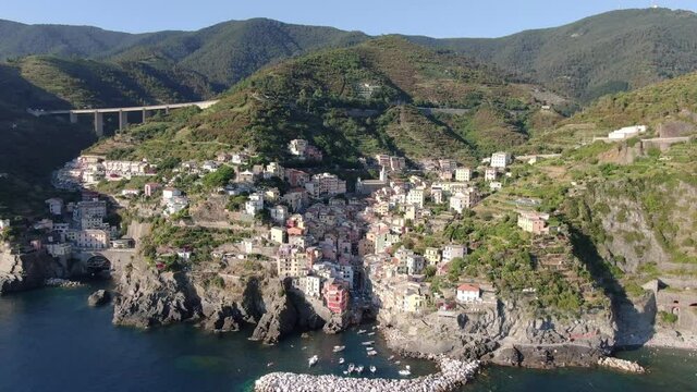 Aerial view of Riomaggiore village, part of Cinque Terre, Italy, Europe