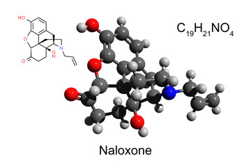 Chemical formula, skeletal formula and 3D ball-and-stick model of naloxone, a medication used to block the effects of opioids, white background