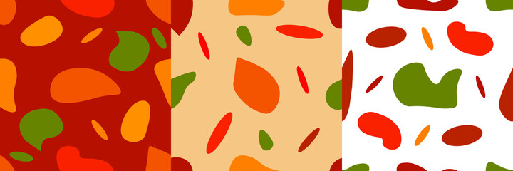A set of three isolated abstract patterns with random spots in autumn color scheme. Vector illustration in modern style. Stamp texture, wallpaper collection. minimalist art.