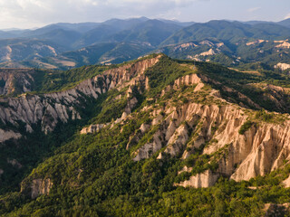 Fototapeta premium Aerial sunset view of Rozhen sand pyramids, Bulgaria