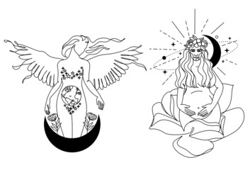 Woman Line drawing vector. Pregnant woman and motherhood Line art