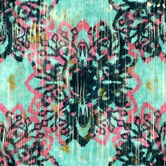 Seamless grungy tribal ethnic rug motif pattern. High quality illustration. Distressed old looking native style design in teal, pink, navy, and gold colors. Old artisan textile seamless pattern.