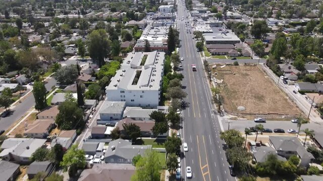 Commercial and Residential Streets with a Firetruck Drone Aerial View Van Nuys Los Angeles California