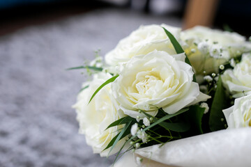 Beautiful wedding flowers, bouquet, white and red roses close up