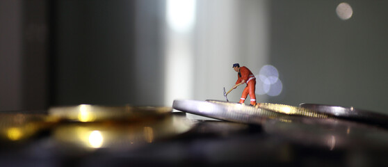 miniature people miner is digging on golden coin. Cryptocurrency bitcoin the future coin, Bitcoin blockchain crypto currency digital encryption, Digital money exchange, Technology global network