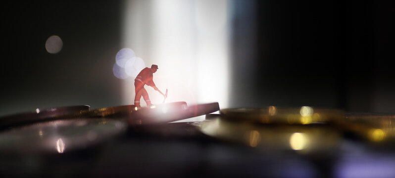 miniature people miner is digging on golden coin. Cryptocurrency bitcoin the future coin, Bitcoin blockchain crypto currency digital encryption, Digital money exchange, Technology global network