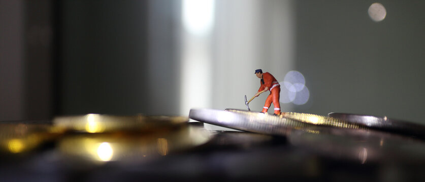 miniature people miner is digging on golden coin. Cryptocurrency bitcoin the future coin, Bitcoin blockchain crypto currency digital encryption, Digital money exchange, Technology global network