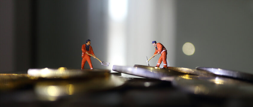 miniature people miner is digging on golden coin. Cryptocurrency bitcoin the future coin, Bitcoin blockchain crypto currency digital encryption, Digital money exchange, Technology global network