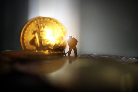 Miniature People Miner Is Digging On Golden Coin. Cryptocurrency Bitcoin The Future Coin, Bitcoin Blockchain Crypto Currency Digital Encryption, Digital Money Exchange, Technology Global Network