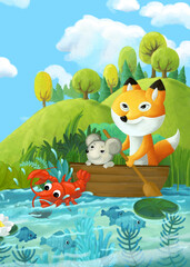cartoon scene with fox and mouse in the boat near crab like animal sailing illustration