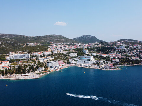 Aerial drone view of city of Neum in Bosnia and Herzegovina. Adriatic sea and coast. Tourist summer season.