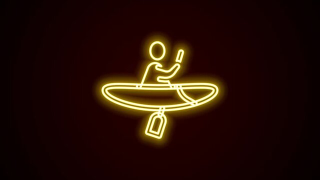 Glowing neon line Kayak and paddle icon isolated on black background. Kayak and canoe for fishing and tourism. Outdoor activities. 4K Video motion graphic animation