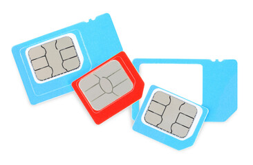Different SIM cards on white background, top view