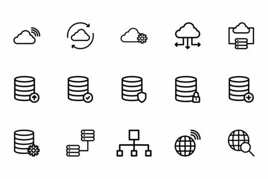 Network and hosting related line icon set - Server and cloud database vector linear icon collection