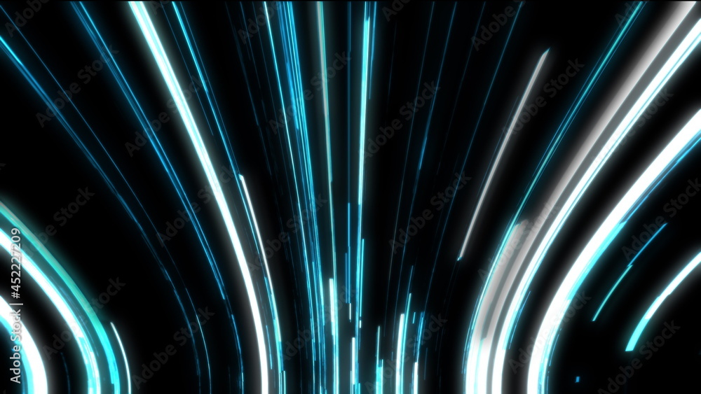 Poster glitch lines, traveling in dark with high speed, 3d rendering computer generated background