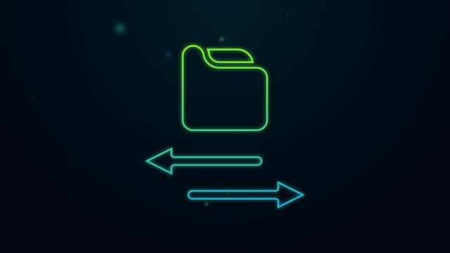 Glowing neon line Transfer files icon isolated on black background. Copy files, data exchange, backup, PC migration, file sharing concepts. 4K Video motion graphic animation