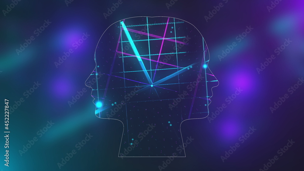 Poster futuristic energy heads with neon grid effect with lighting, abstract 3d rendering background, compu