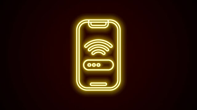 Glowing neon line Smartphone with free wi-fi wireless connection icon isolated on black background. Wireless technology, wi-fi connection, wireless network. 4K Video motion graphic animation