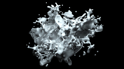 Computer abstract generated an object similar to a clot of milk or a white liquid with many sprays, isolated on a black background. 3D rendering