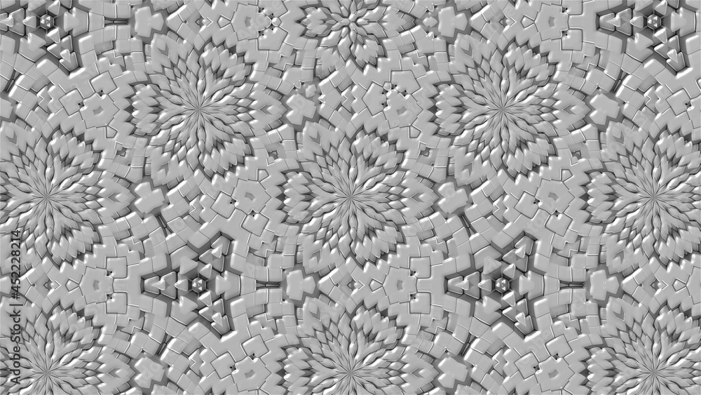 Poster many symmetrical kaleidoscopes as flowers - fractal 3d rendering backdrop, computer generating backg