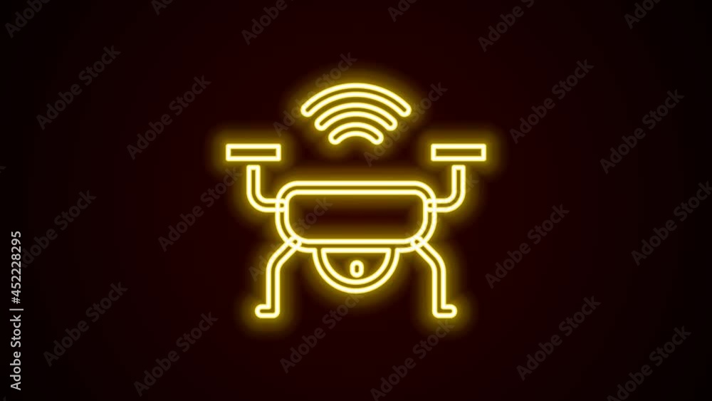 Poster glowing neon line smart drone system icon isolated on black background. quadrocopter with video and 