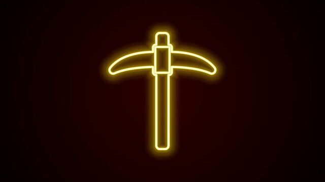 Glowing neon line Pickaxe icon isolated on black background. 4K Video motion graphic animation