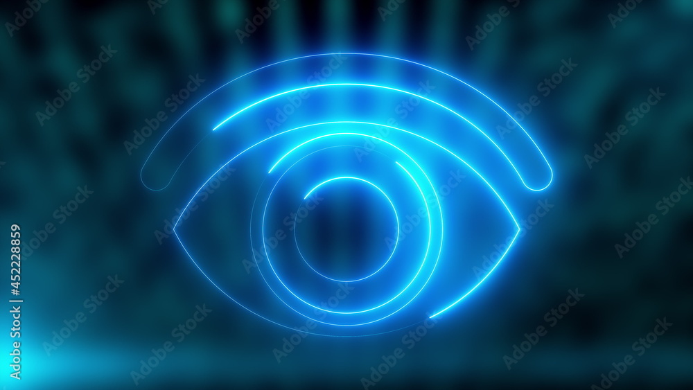 Poster 3d rendering technology and internet animation icons. computer generation neon seo icon on blurry ba