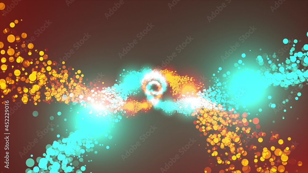 Poster twisting into a spiral of sparkling particles. 3d rendering particles of rotation, computer generate