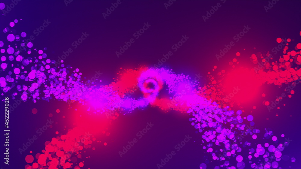 Poster twisting into a spiral of sparkling particles. 3d rendering particles of rotation, computer generate