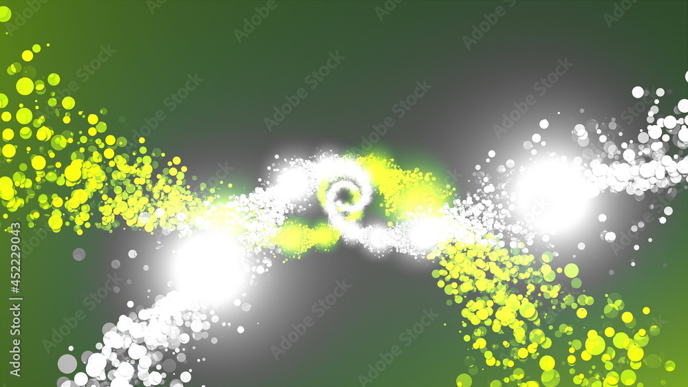 Poster twisting into a spiral of sparkling particles. 3d rendering particles of rotation, computer generate