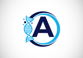 Initial A monogram alphabet in a circle with DNA. Genetics logo design concept. Font emblem. Logo for medicine, science, laboratory, business, and company identity
