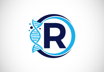 Initial R monogram alphabet in a circle with DNA. Genetics logo design concept. Font emblem. Logo for medicine, science, laboratory, business, and company identity