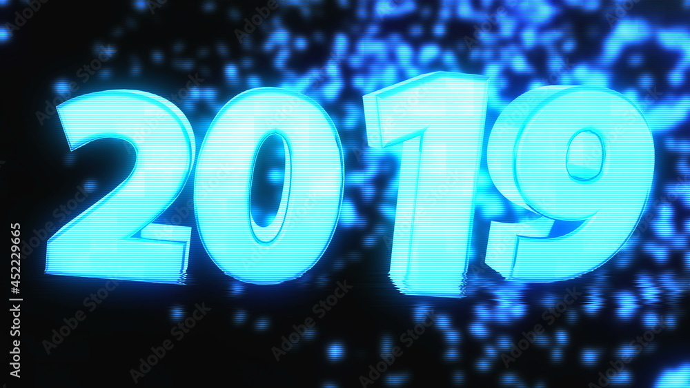 Aufkleber 2019 bright text with hologram effect, 3d rendering computer generated background for new year and c