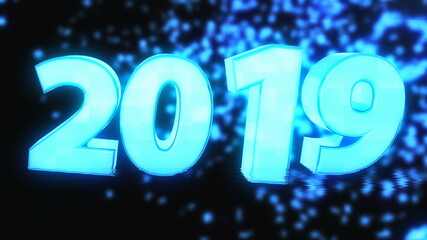 2019 bright text with hologram effect, 3d rendering computer generated background for New year and Christmas holidays