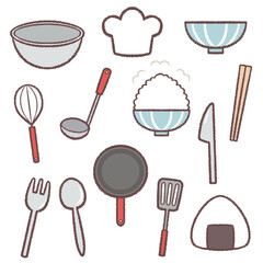 料理の道具とご飯のセット