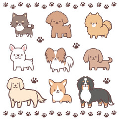 色々な犬たちと足跡のラインセット