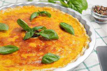 Delicious pie with minced meat on table, closeup