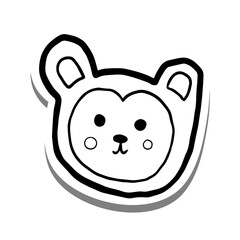 Black line cute cartoon monkey face. Doodle on white silhouette and gray shadow. Vector illustration for decorate, coloring and any design.