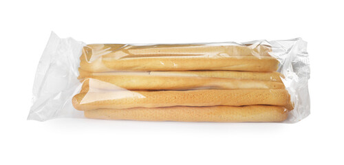 Fresh delicious grissini sticks on white background