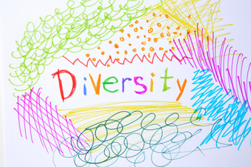 Word Diversity and colorful marker scribbles on white background, top view