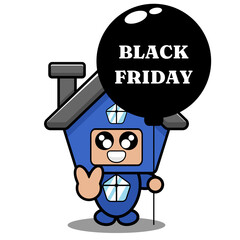 cartoon vector cute blue house mascot costume doodle character holding black friday balloon