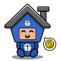 cute blue house mascot costume doodle character cartoon vector with bitcoin chat bubble