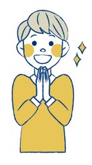 女性 拍手 黄色 手描き風 上半身