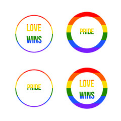 Ring-shaped icons with the colors of the LGBTQ flag and the phrases Love Wins and Pride inside