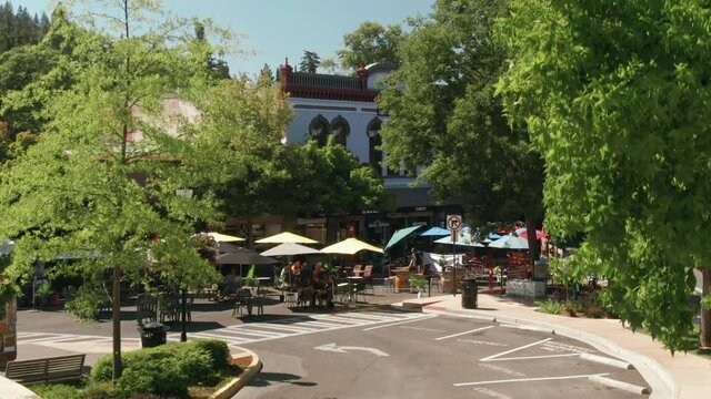 Aerial: Downtown Ashland and restaurants, Oregon. USA